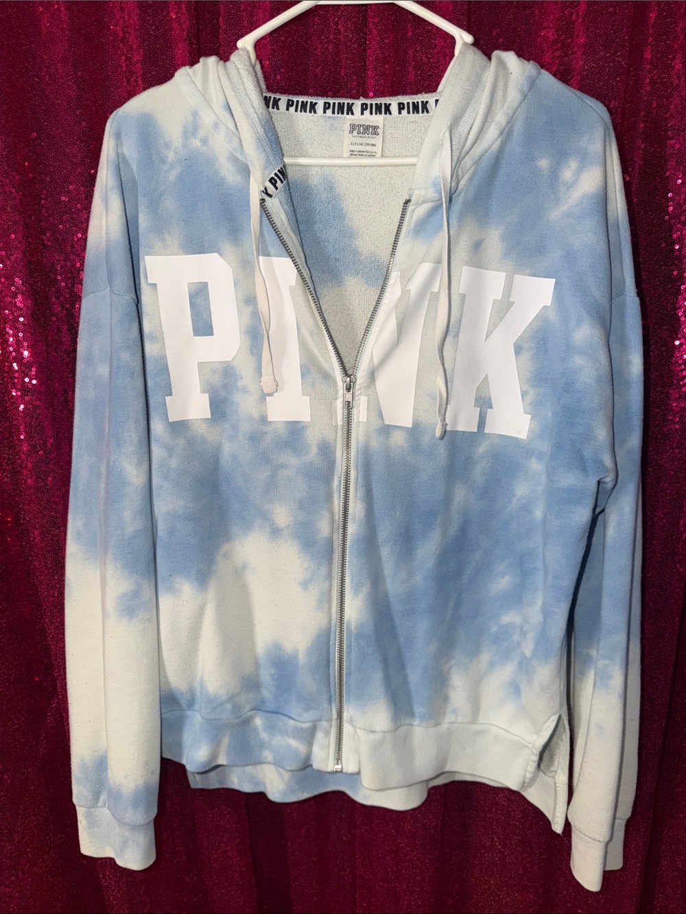 PINK Victoria's Secret Light Blue & White Tie-Dye Zip Hoodie